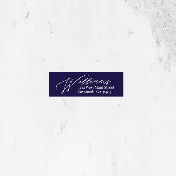 Rectangle address sticker in navy with modern script font.